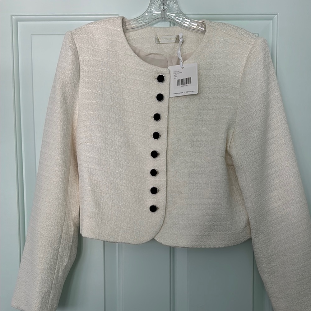 Cream and Black Cropped Blazer with Textured Fabric